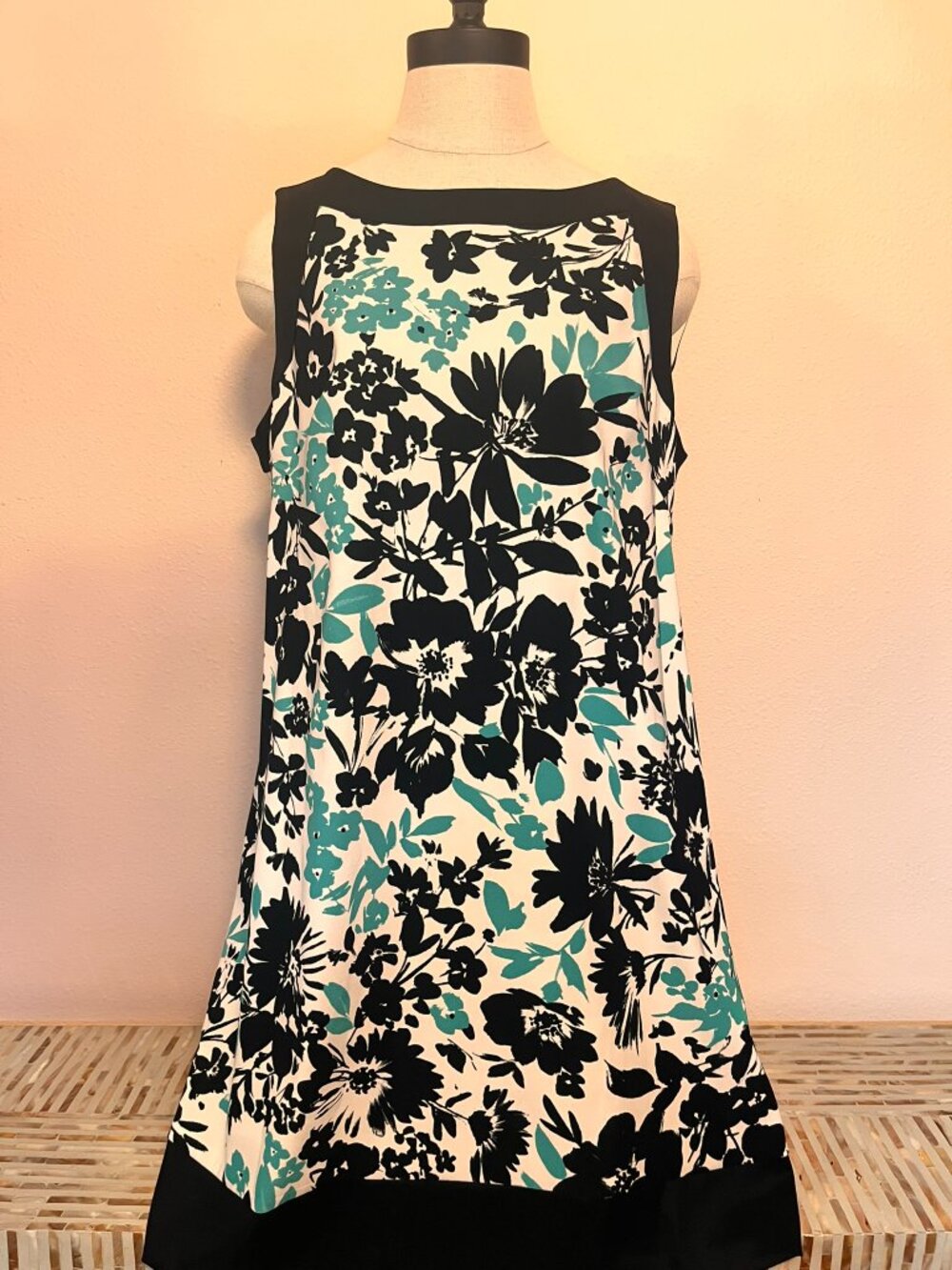 Jessica Howard Floral Sheath Dress 16 Black White Teal Colorblock Sleeveless - Picture 3 of 9